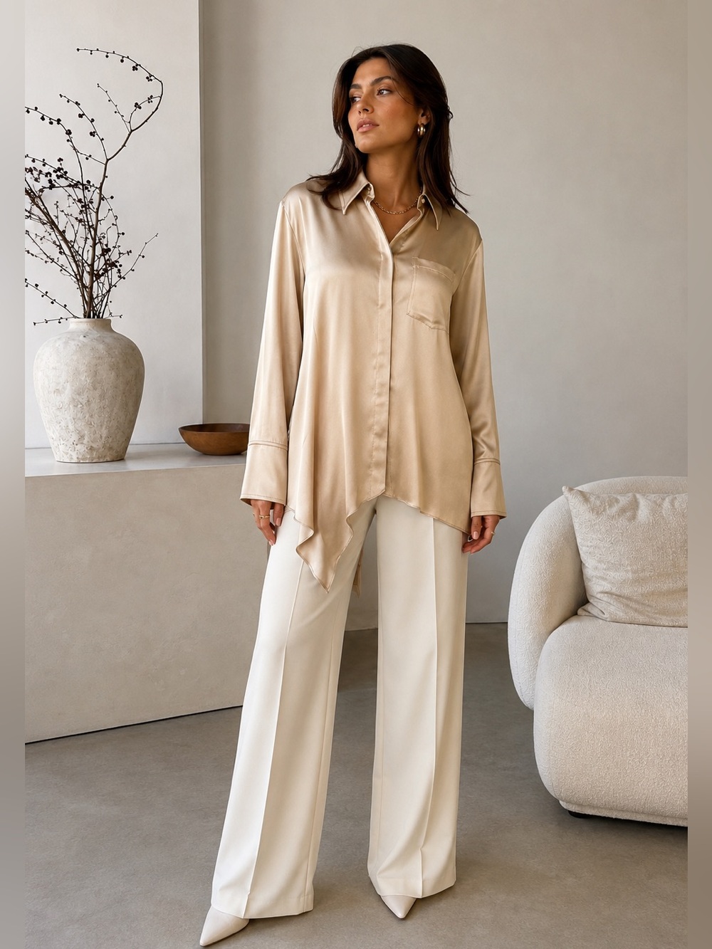 Nanushka Women M Champagne Satin Shirt Asymmetric Hem Blouse Quiet Luxury *flaw